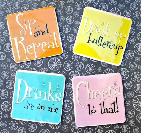 Make funny coasters that will last by using weather proof printable labels, a free printable, and resin. Complete tutorial. Casino Tumbler Ideas, Resin Coasters With Quotes, Cricut Coasters Diy Vinyl, Sublimation Coasters Ideas, Cricut Coasters, Coasters Ideas, Vinyl Coasters, Coaster Tiles, Drinking Gifts