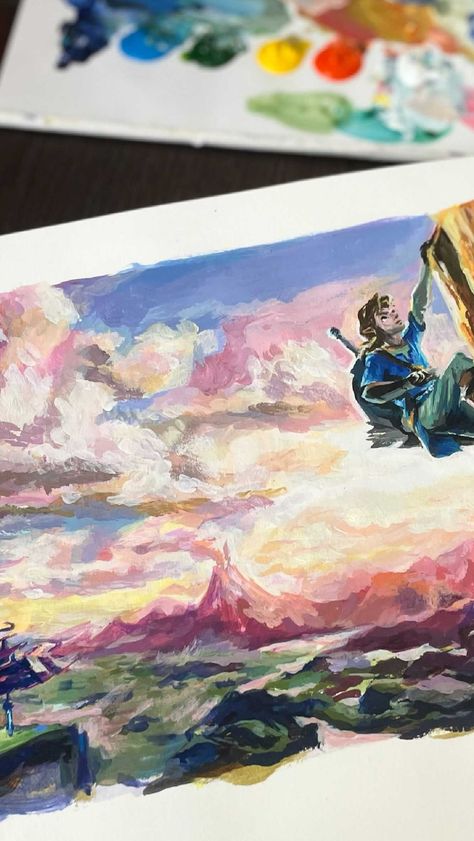 sometimes_french on Instagram: Painting Link in Zelda: Breathe of the Wild #zeldabreathofthewild #zelda #nintendo #paintingoftheday #acrylicpainting #timelapsepainting… Zelda Watercolor Art, Zelda Painting Ideas, Breath Of The Wild Painting, Zelda Painting, Breathe Of The Wild, Old Nintendo, Instagram Painting, Link Zelda, Zelda Art