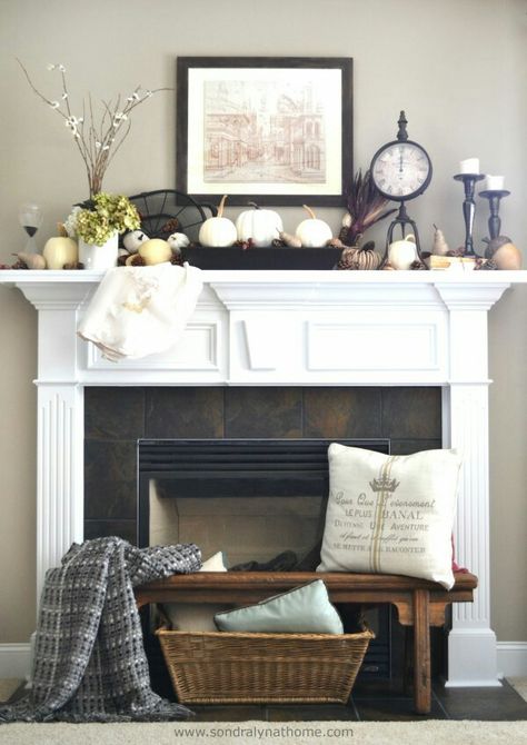 Fireplace Mantel Designs, Fall Fireplace, Mantel Design, Fireplace Mantel Decor, White Fireplace, Small Apartment Living Room, Faux Fireplace, Small Apartment Living, Fall Mantel Decorations