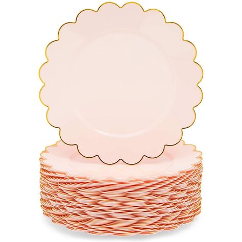 Elevate your dining and dessert tables with this party plate set that includes 50 pink plates. The decorative gold foil edges will perfectly complement your decor for an upcoming baby shower, birthday party, or bridal shower. Each pink plate measures 9 inches and has a sizeable amount of space for all of your favorite food and snacks. The sturdy plastic construction ensures food remains on your plate without easily folding or breaking. Spend more time celebrating and less time cleaning up. Dispo Kids Party Plates, Scalloped Plates, Pink Party Supplies, Gold Plastic Plates, Plastic Party Plates, Paper Plates Wedding, Disposable Plastic Plates, Pink Plates, Pink Pattern