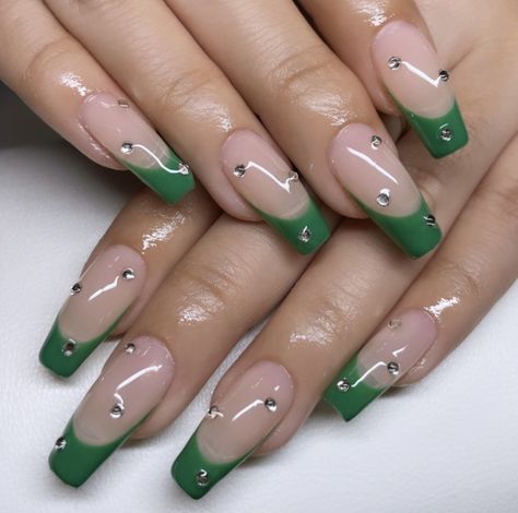 Dark Green Acyrilics Nails, Frenchies With Gems, Biab Designs, Short Natural Nails, Almond Shaped Nails Designs, Gel X Nails, X Nails, Green Acrylic Nails, Acrylic Ideas