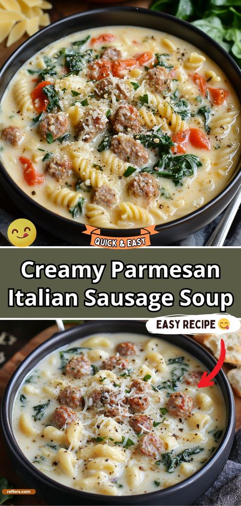 Warm up with a bowl of Creamy Parmesan Italian Sausage Soup. This rich and hearty soup combines Italian sausage, Parmesan, and veggies in a creamy broth, providing comfort in every spoonful. #SausageSoup #CreamySoup #ComfortFood Crockpot Soups Sausage, Things To Do With Sausage, Creamy Sausage Pasta Soup, Crockpot Soup With Italian Sausage, Creamy Based Soup, Healthy Italian Soup, Creamy Sausage Parmesan Soup, Creamy Italian Sausage Soup Recipes, Creamy Italian Sausage Pasta Soup