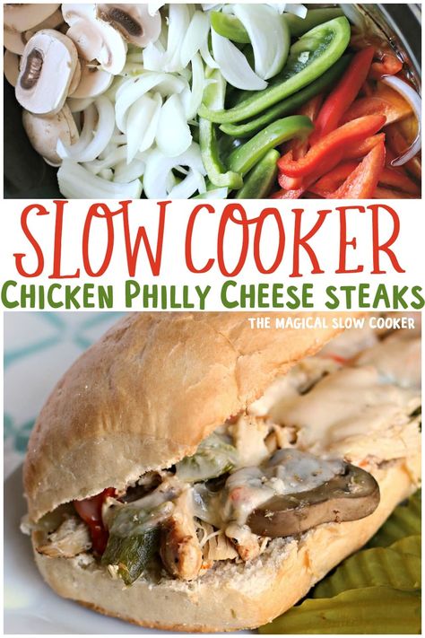 Philly Cheese Steaks, Chicken Philly Cheesesteak, Cheese Steaks, Chicken Cheesesteak, Magical Slow Cooker, Chicken Philly, Crockpot Steak, Cheesesteak Recipe, The Magical Slow Cooker