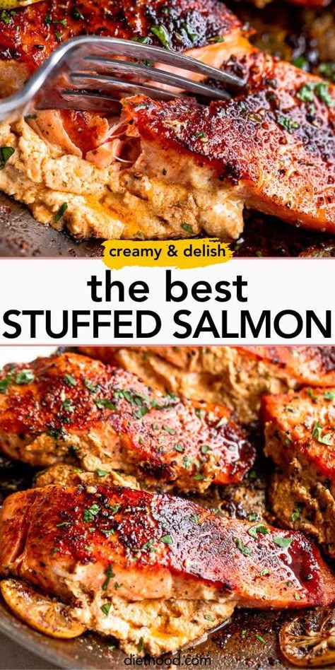 This Stuffed Salmon recipe is destined to become a favorite in your dinner rotation! The perfectly cooked salmon fillets are stuffed with a Cajun-spiced cream cheese filling and pan-seared until juicy and perfectly flaky. Cream Cheese Salmon, Stuffed Salmon Recipe, Salmon Steak Recipes, Cooking Salmon Fillet, Ground Beef Crockpot Recipes, Salmon Fillet Recipes, Cooked Salmon, Salmon Recipes Baked Healthy, Stuffed Salmon