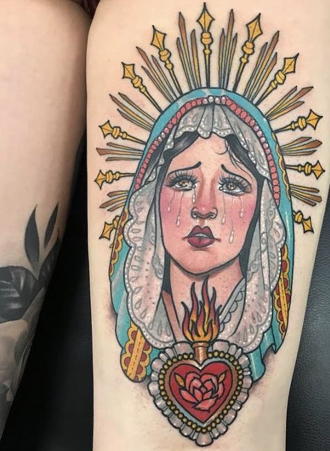 Our Lady Of Sorrows Tattoo Traditional, Mother Mary Tattoo Design, Our Lady Of Sorrows Tattoo, Neotraditional Chest Tattoo, Lady Of Sorrows Tattoo, Angel Tattoo Traditional, Traditional Virgin Mary Tattoo, Cholo Tattoo Ideas, Mother Mary Tattoo