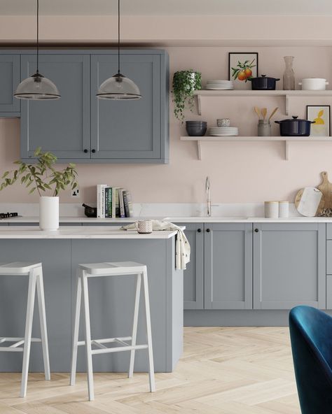 Grey And Peach Kitchen, Kitchen Diner Wall Colours, Pink Walls Grey Floor, Wall Lights Kitchen Diner, Pink Painted Kitchen Walls, Pink Walled Kitchen, Grey Kitchen Blue Walls, Grey Kitchen Cabinets Pink Walls, Kitchen With Colored Walls