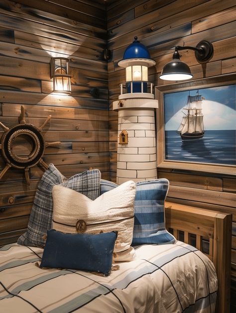 43 Nautical Bedroom Ideas That Will Bring Out The Sailor In You Dark Nautical Bathroom, Nautical Bedroom Master, Dream Lakehouse, Nautical Bedroom Ideas, Nautical Kids Bedroom, Bloxburg Hotel, Sailor Room, Nautical Decor Living Room, Nautical Interior Design