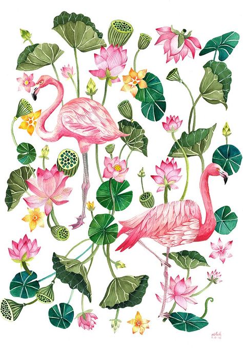 Flamingo Art, Flamingo Party, Illustration Agency, Pink Flamingo, Pink Flamingos, Botanical Illustration, Fabric Painting, Pattern Wallpaper, Green Leaves