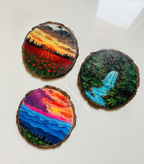 Painted Coasters Diy, Tulips Landscape, Coasters Painting, Coaster Painting, Nature Landscape Painting, Nature Reference, Acrylic Coasters, Coasters Diy, Diy Coasters