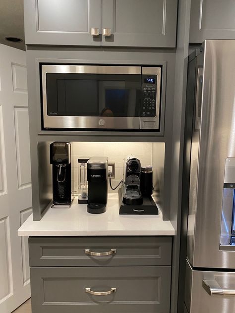 Kitchen Pantry Cabinets With Microwave, Microwave Kitchen Cabinet Ideas, Microwave Pantry Ideas, Butler Pantry Microwave, Kitchen Open Shelving Microwave, Kitchen Cabinet Microwave Storage, Corner Built In Oven And Microwave, Built In Coffee Maker And Microwave, Microwave Above Stove With Open Shelving