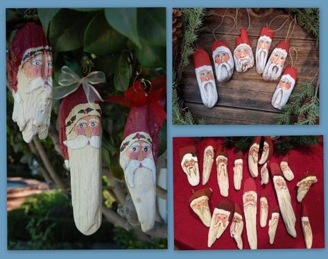 Painting on Driftwood DIY, Santa Claus - Scavenger Chic Painted Driftwood Ideas, Driftwood Crafts Christmas, Driftwood Santas, Painting On Driftwood, Diy Santa Ornaments, Driftwood Santa, Rust Color Paint, 2022 Ornaments, Diy Santa Claus