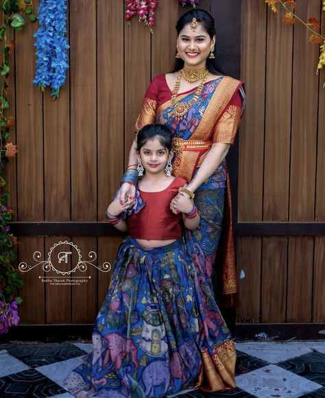 Mom And Daughter Saree And Dress, Mom Daughter Indian Outfits, Mom Daughter Lehenga Combo, Kalamkari Family Outfits, Family Traditional Outfits Indian, Mom And Daughter Dresses Indian Saree, Mom N Daughter Outfits Indian, Mom Daughter Matching Dresses Indian, Mother And Daughter Dresses Indian