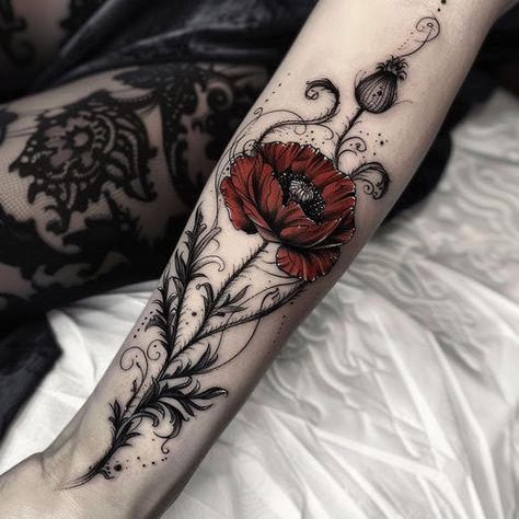 Artful Poppy Tattoo Sketches Alt Goth Tattoos, Arm Band Sleeve Tattoo, Flower Goth Tattoo, Halloween Upper Arm Tattoo, Emo Tattoo Sleeve, Black And Grey Tattoo With Color Accents, Black And Grey Botanical Tattoo, Nightshade Flower Tattoo, Soft Goth Tattoo