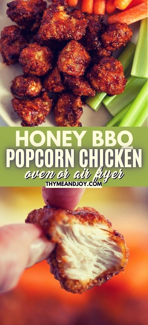 Skip Sonic, KFC, or even Applebee's and make your own honey BBQ popcorn chicken right at home! Tender pieces of chicken breast are coated in breadcrumbs and baked in the oven or air fried before tossing with your favorite honey barbeque sauce for a sweet and tangy way to enjoy a snack, appetizer, or a quick and easy main course paired with your favorite side dishes! Gluten free and keto options included! Oven Popcorn Chicken, Baked Honey Bbq Chicken Bites, Honey Bbq Chicken Recipes, Boyfriend Recipes, Chicken Bites Oven, Oven Baked Bbq Chicken Breast, Honey Bbq Chicken Bites, Oven Bbq Chicken Breast, Honey Barbeque Chicken