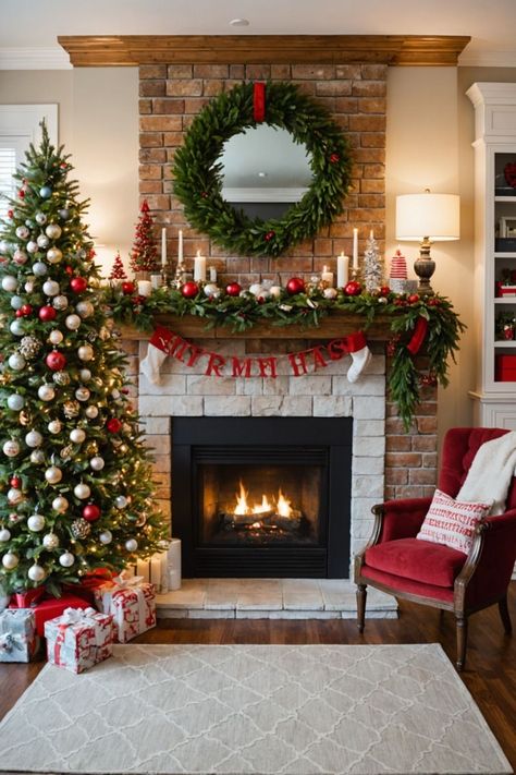 Incorporate fresh greenery like pine branches, holly, and eucalyptus. Use them to create garlands, centerpieces, or wreaths. Add pinecones, berries, and even citrus slices for a pop of color and fragrance. Christmas Garland On Table, Red Christmas Decor Ideas For Living Room, Xmas Chimney Decor, Cozy Christmas Home Decor, Christmas House Interior, Christmas Fireplace Ideas, Holiday Mantel Decorating Ideas, Fireplace Christmas Decorations, Christmas Decor Fireplace