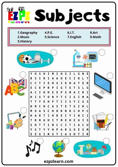 Wordsearches For Kids, Subject Worksheet, Crosswords For Kids, School Word Search, Game Worksheet, Word Puzzles For Kids, Word Games For Kids, Classe Harry Potter, Word Search Puzzles Printables