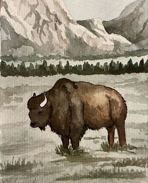 Buffalo Animal Drawing, Buffalo Painting Easy, Western Art Sketches, Buffalo Watercolor Painting, Bison Watercolor Painting, Western Horse Painting, Watercolor Wildlife Paintings, Watercolor Western Art, Western Watercolor Paintings Easy