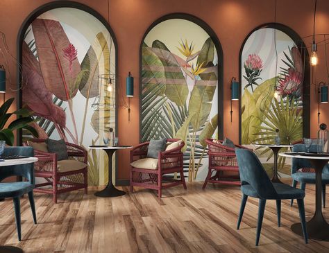 Restaurant Wallpaper Ideas, Italian Restaurant Interior Design, Italian Restaurant Interior, Luxury Restaurant Interior, Japanese Restaurant Interior, Rooftop Restaurant Design, Miami Art Deco, Creative Wall Painting, Architecture Portfolio Design