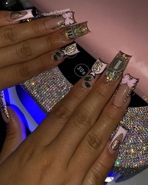 I love a good money set😍💰🎀 . . . Dm to book!💖 @nailed.byjennie #longnails #blingnails #moneynails #frenchnails #pinknails #nailart #nailsofinstagram #viralnails #viralpost #nailsofinstagram #fresnonails #fresnonailtech #explorepage Money Nail Set, Money Acrylic Nail Design, Money Set Nails, Pink Money Nails, Money Nails Designs, Fye Nails, Money Nails, French Tip Acrylic Nails, Acrylic Nails Coffin Short