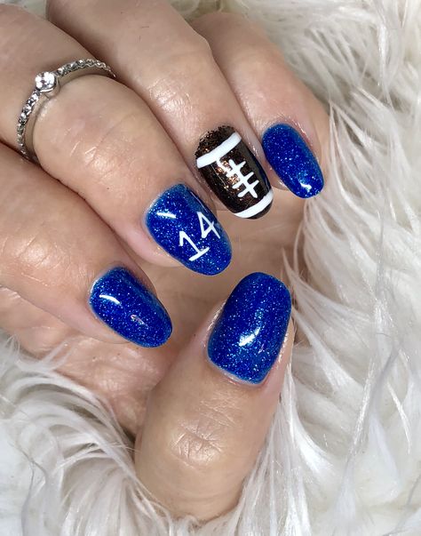 Blue And White Football Nails, Royal Blue Football Nails, Gameday Nails Football Season, School Spirit Nails Designs, Blue Football Nails, Football Nails Acrylic, Football Nails Design Mom, Football Nail Ideas, Football Season Nails