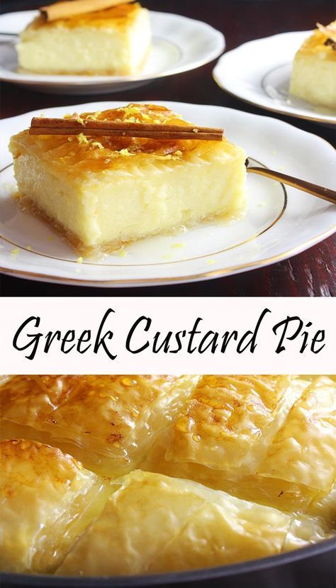 Greek Custard Pie, Greek Recipes Dessert, Greek Pastries, Resep Smoothie, Greek Sweets, Custard Desserts, Greek Desserts, Custard Recipes, Greek Cooking