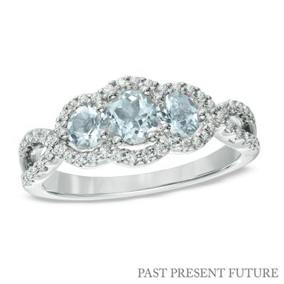 Aquamarine and 1/4 CT. T.W. Past Present Future® Ring in 10K White Gold Past Present Future Ring, Brown Diamond Ring, Minimalist Diamond Rings, Pinky Signet Ring, Pink Morganite Engagement Ring, Diamond Signet Ring, Future Engagement Rings, Diamond Cluster Engagement Ring, Flower Engagement Ring