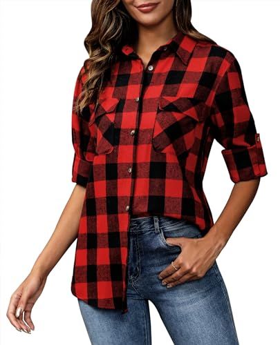 siliteelon Flannel Shirt Women Plaid Shirts Long Sleeve Oversized Button Down Cotton Boyfriend Casual Roll Up Blouse Tops Flannel For Women, Plaid Shirt Dress Outfit, Flannel Shirt Women, Plaid Pants Outfit, Womens Flannel, Plaid Skirt Outfit, Plaid Shirt Women, Shirt Dress Outfit, Warm Fabric