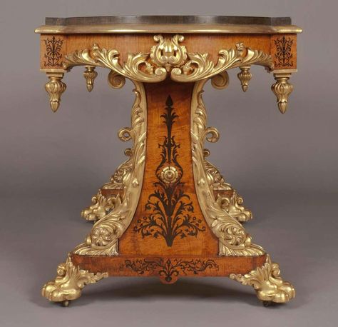 For Sale on 1stDibs - A magnificent library centre table of exhibition quality of the George IVth period, in the Manner of Morel & Seddon. Constructed in amboyna, with holly English Furniture Style, Gilded Furniture, Antique Library, Georgian Architecture, Centre Table, English Furniture, Classic Table, Fantastic Furniture, French Furniture