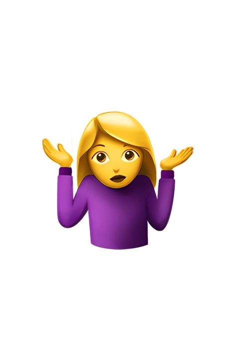 The emoji 🤷‍♀️ Woman Shrugging depicts a female figure with raised shoulders and outstretched arms, palms facing upwards. The woman has a neutral expression on her face and is shown with a yellow skin tone. She appears to be shrugging her shoulders in a gesture of confusion or uncertainty. The woman is wearing a shirt with a V-neckline and has long hair that falls over her shoulders. Idk Emoji Face, Idk Emoji, Apple Emoji Png, Shrug Meme, Shrugging Emoji, Confused Emoji, Emoji Ip, Neutral Expression, Whatsapp Emoji