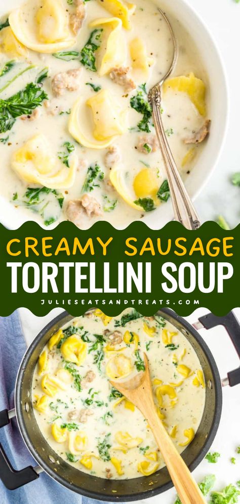 This Creamy Sausage Tortellini Soup is an easy soup recipe idea with Italian sausage, kale, seasonings and is ready in just 30 minutes! Add this simple weeknight dinner recipe to your easy Fall comfort food recipes! Save this pin! Creamy Sausage Tortellini Soup, Creamy Sausage Tortellini, Italian Sausage Tortellini Soup, Spinach Tortellini Soup, Sausage Tortellini Soup, Sausage Soup Recipes, Sausage Kale, Simple Soup, Sausage Tortellini