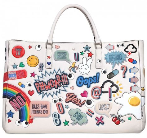 Anya Hindmarch Stickers, Anya Hindmarch Bag, Printed Leather Bag, White Purses, Luxury Designer Handbags, White Tote, Anya Hindmarch, Day Bag, Printed Leather