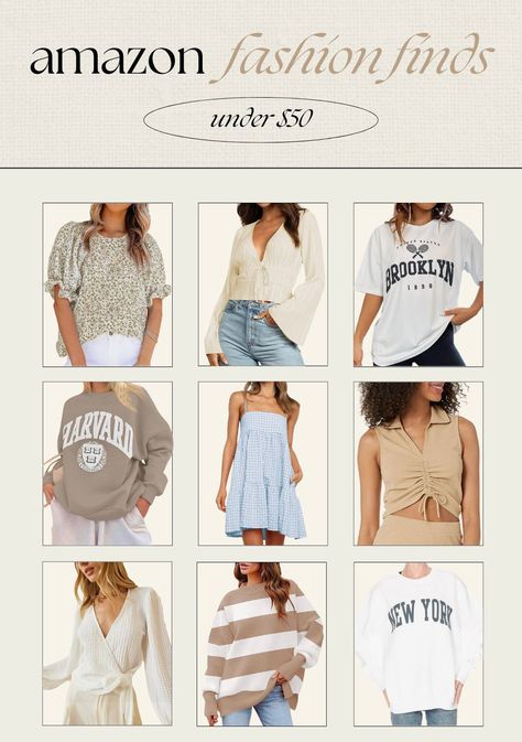 Fashion finds under $50! 🤍 amazon fashion, affordable fashion, womens blouses, summer tank tops, oversized tshirts Womens Blouses Summer, Amazon Outfits, Best Maxi Dresses, Amazon Fashion Finds, New York Sweatshirt, Womens Blouses, Amazon Storefront, Half Zip Sweatshirt, Summer Tank