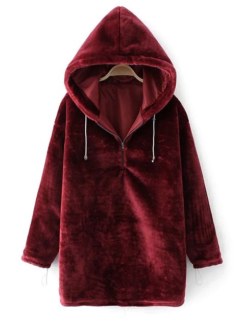 $33.99 Half Zip Velvet Drawstring Hoodie - BURGUNDY S Red Velvet Top, Cup Print, Burgundy Hoodie, Grey Coffee, Vestidos Retro, Red Long Sleeve Tops, Velvet Hoodie, Hoodies Pullover, Pullover Women