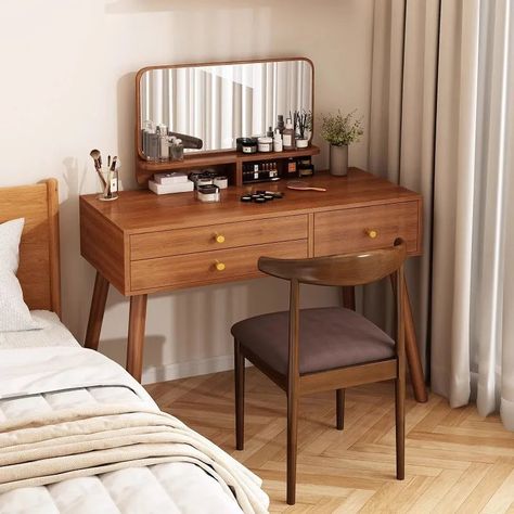 Dresser Vanity Bedroom, Dressing Tables With Mirror, Small Bedroom Vanity, Mirror Chair, Minimalist Wood Furniture, Dressers For Bedroom, Vanity Set Up, Makeup Dresser, Retro Dresser