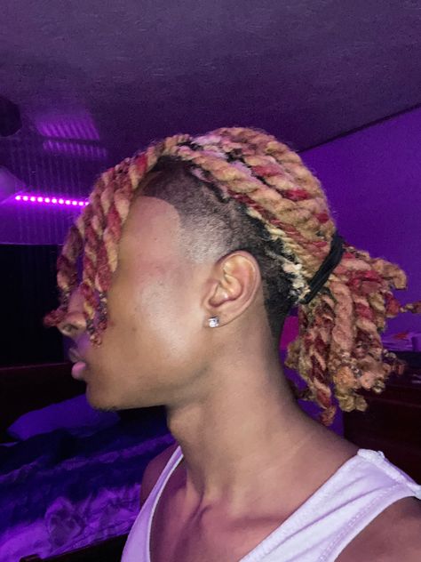 2 Color Dreads, Blonde And Purple Dreads, Pink And Blonde Dreads Men, Multi Colored Dreads, Hightop Dread Hairstyles For Men, Dread Color Combos, Red Blonde Locs, Dreads Dye Ideas, Red Blond And Black Hair