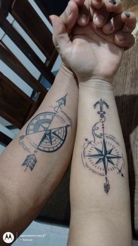 Music Compass Tattoo, Nautical Matching Tattoos, Couple Compass Tattoo Love, Anchor And Compass Tattoo Couples, Matching Tattoos For Siblings, Ring Tattoo Designs, Compass Rose Tattoo, Couple Tattoos Unique, Key Tattoos