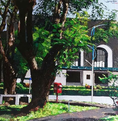 GANGAW VILLAGE ART EXHIBITION 16.1.2018 to 20,1.2018 Judson Church Centre Prome Road,Yangon  Artist       : Kyee Myintt Saw Title         : A RED MAIL BOX, 2017 Medium  : Acrylic on canvas Size         : 30" x 30" Yangon University, Ferdinand Magellan, Just Friends Quotes, Village Art, University Architecture, Fav Place, Yangon, Cartoon Quotes, Just Friends