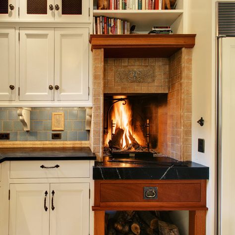 a fireplace in the KITCHEN?  Yesssss!!! Kitchen Wood Fired Oven, Fireplace For Cooking, Kitchen Fireplace Ideas, Kitchens With Fireplaces, Fireplace In The Kitchen, Kitchen Hearth, Kitchen With Fireplace, Fireplace Cooking, Fire Oven