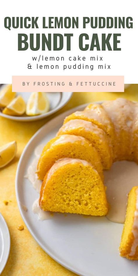 Short on time? This Quick Lemon Pudding Bundt Cake is a quick and easy cake recipe that will show you how to make a delicious bundt cake with lemon cake mix and lemon pudding mix. The result is a zesty and refreshing cake that is perfect for summer gatherings or potlucks! Lemon Jello Bundt Cake Recipe, Sherry Bundt Cake, Recipes Using Lemon Pudding, Lemon Pudding Bundt Cake Recipe, Lemon Pound Cake From Cake Mix Boxes With Sour Cream, Lemon Coconut Bundt Cake, Cakes Made With Pudding, Pillsbury Lemon Cake Mix Recipes, Lemon Bundt Cake Recipe Instant Pudding