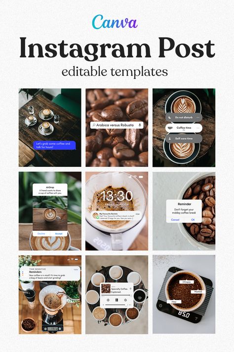 Create eye-catching Instagram posts for a business with these easy-to-use templates in Canva. These posts are designed to attract attention of the viewers. They are highly customizable. Change photos, text, fonts, elements' size and position. You can also remove or add elements! Follow the link to purchase on Etsy. Coffee Instagram Feed Ideas, Coffee Shop Instagram Post, Coffee Instagram Feed, Coffee Shop Instagram Feed, Coffee Instagram Post, Coffee Aesthetic Instagram, Iphone Interface, Instagram Calendar, First Instagram Post