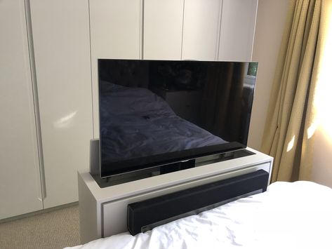 End of bed tv cabinets made to measure Tv At The End Of The Bed, Tv End Of Bed, Bed In Front Of Radiator, Tv In Front Of Bed, Hidden Tv Cabinet, Bed Tv, Bedroom Tv Stand, Tv Lift Cabinet, Tv Lift