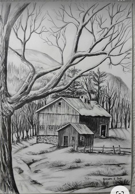 Pencil Sketches Landscape, Easy Pencil Drawings, Gambar Lanskap, Landscape Pencil Drawings, Molduras Vintage, Drawing Scenery, Nature Art Drawings, Pencil Sketch Drawing, Drawing Eyes