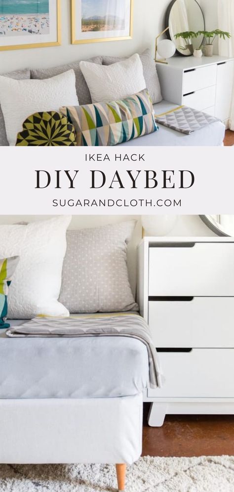 We’re giving you the full scoop on our DIY Daybed and tour of our guest bedroom! #diydaybed #ikeahack #guestbedroom #daybed #bedroom Daybed Ikea, Mid Century Diy, Daybed Bedroom, Daybed Sets, Diy Mid Century, Diy Daybed, Guest Room Decor, Stylish Bathroom, Large Pillows