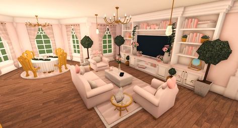 Bloxburg Blush Kitchen Ideas, Blush Living Room Bloxburg, Coquette Living Room Bloxburg, Coquette Room Bloxburg, Bloxburg Living Room Ideas Aesthetic, Pink Blush Aesthetic, Coquette Bloxburg House, Bloxburg Coquette, Blush Living Room