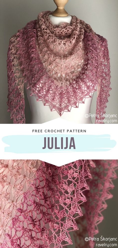 Julija Free Crochet Pattern This is a pattern for crocheting romantics! We are all in the mood for something delicate, feminine and elegant sometimes, aren't we? Especially at the beginning of spring! #lacycrochetshawl #crochetshawl #crochetlace #crochetwrap #freecrochetpattern Lace Shawl Pattern, Crochet Lace Scarf, Crochet Shawl Free, Crocheted Shawl, Crochet Lace Shawl, Crochet Scarf Pattern Free, Crochet Shawl Pattern Free, Crochet Lace Pattern, Crochet Shawls And Wraps