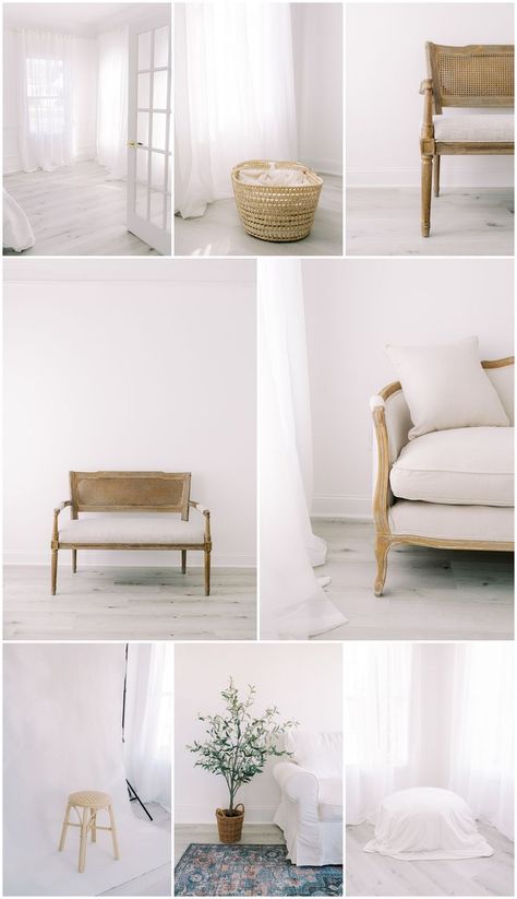 Sofa For Photo Studio, Indoor Studio Photography Ideas, White Wall Studio Photography, White Photography Studio Space, Photography Studio Seating Area, Neutral Photo Studio, Modern Studio Photography, Photography Studio Rental Ideas, Mini Photo Studio At Home