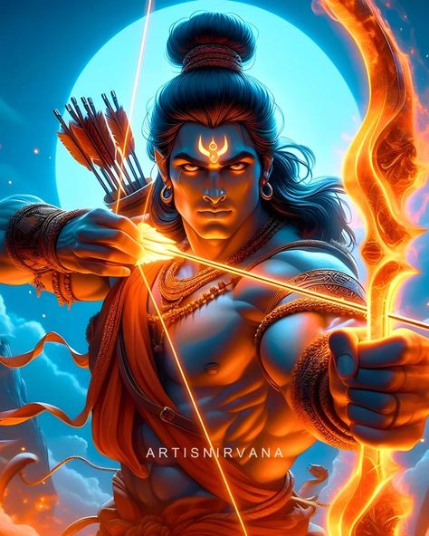 Shree Ram's fierceness in righteousness teaches us to confront injustice with unwavering courage and integrity! 🏹🔥 Like him, we must stand firm against darkness, fearlessly upholding what is right and just. Through his life, we learn that in the face of adversity, righteousness is our greatest strength, guiding us towards a brighter path. 🙏🧡 Have an awesome day, Jai Shree Ram!🙏🚩🧡 Share on Story! Follow me 👉 @artisnirvana for Daily God posts! DON'T Repost.🤨 #ram #jaishreeram #hanuman #ram... Ram Avatar, Sia Ram, Ram Pic, God Ram, Angry Wallpapers, Ram Ji Photo, Buddha Canvas Art, Hanuman Tattoo, Siya Ram