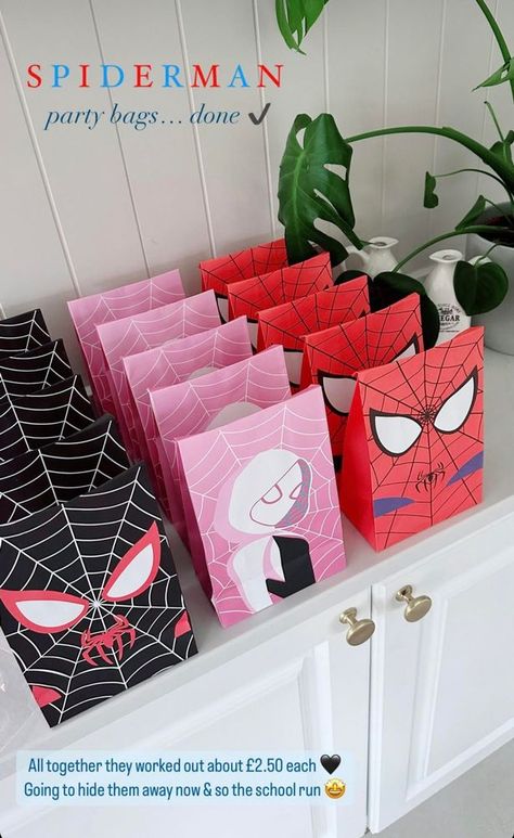 Stacey Solomon made Spiderman-themed goodie bags for her son's birthday party and shared tips with her followers on how to create them for under £3 each and where to buy the gifts Ghost Spider Goodie Bags, Spidey Birthday Party Theme, Spider Man Birthday Party Ideas Gift Bags, Spider Man Party Bags, Spiderman Gift Bags, Spiderman Chip Bag, Pink Spider-man Birthday Party, 2nd Spiderman Birthday, Spiderman Favors Ideas