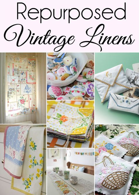 If you have a collection of Vintage Linens you will love this roundup of 15 Cute Ways to Repurpose and Upcycle Vintage Linens. (No. 9 is my favorite!) #repurposedvintagelinens #vintagelinensrepurposed Linen Crafts, Vintage Handkerchiefs Crafts, Vintage Upcycling, Handkerchief Crafts, Upcycle Vintage, Embroidery Patterns Vintage, Repurposed Vintage, Vintage Handkerchiefs, Linens And Lace