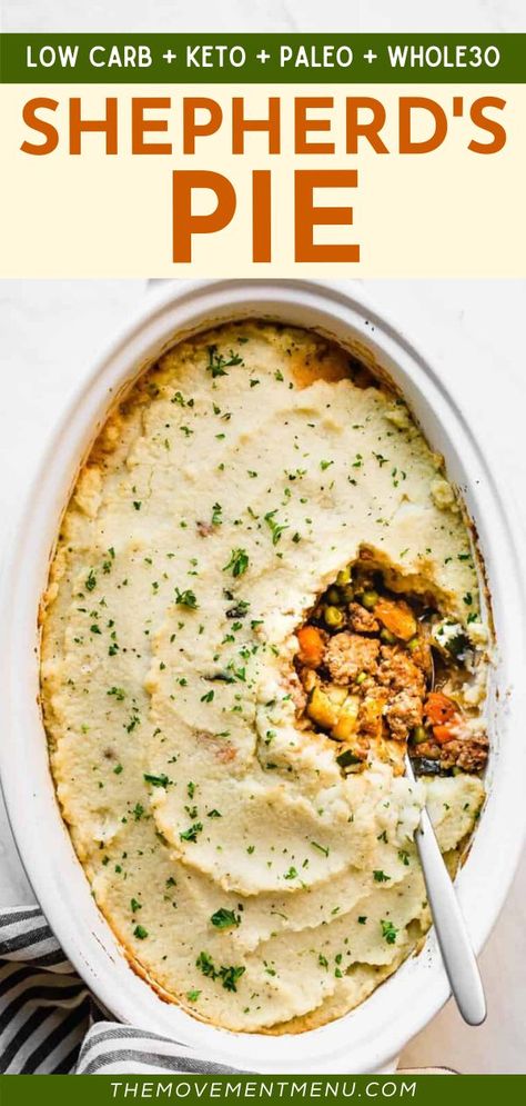 This keto shepherd's pie recipe is the BEST! It's an easy weeknight dinner that's also low-carb, paleo, and Whole30 compliant. Made with ground lamb, vegetables, and mashed cauliflower, this comfort food is healthy and delicious! Keto Shepards Pie, Keto Shepherd's Pie, Best Paleo Recipes, Easy Whole 30 Recipes, Shepards Pie, Menu Recipes, Cauliflower Mash, Shepherds Pie Recipe, Creamy Cauliflower